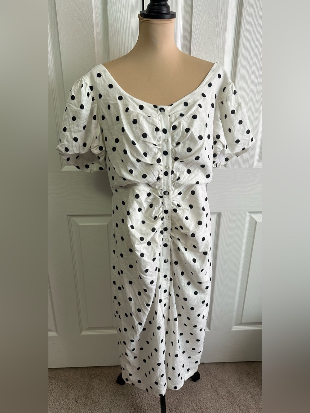 New York & Company White Midi Dress with Black Polka Dots